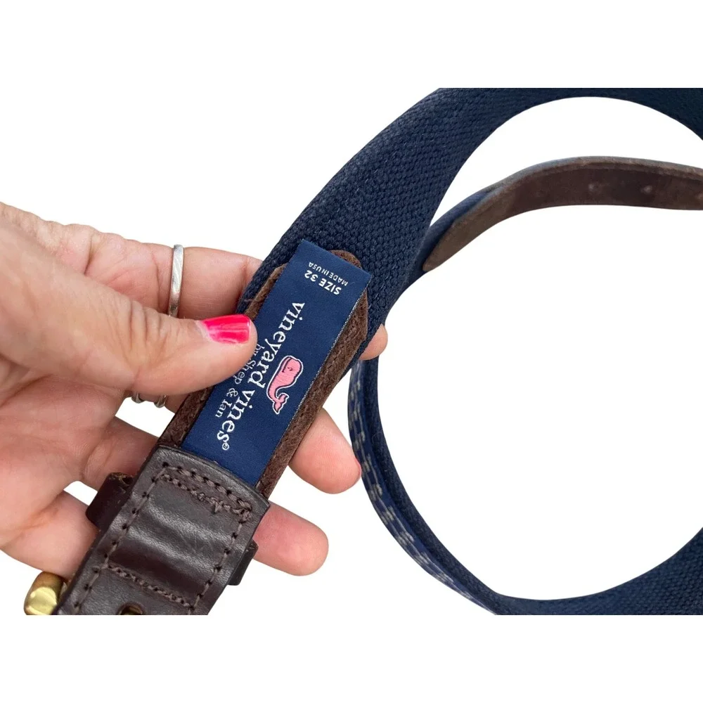 Vineyard Vines Navy Blue Fish Bone Embroidered Canvas Leather Belt Size 32‎ I07